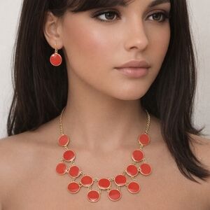 Stylish Gold Red Flat Round Discs Necklace & Matching Earrings Set Women's Jewel